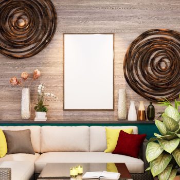 3D illustration mockup photo frame on the wall in living room, scandinavian style interior with cozy furniture and houseplant in natural decoration concept, rendering